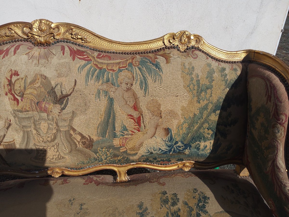 canapé d époque louis XV en bois doré garniture d'époque atelier des gobelins -photo-4